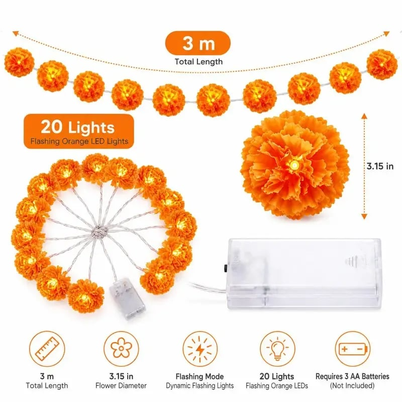 🔥Last Day 49% OFF -🏵️💀 Mexican Marigold Flower String Lights | 💕Death is not the end of life, forgetting is